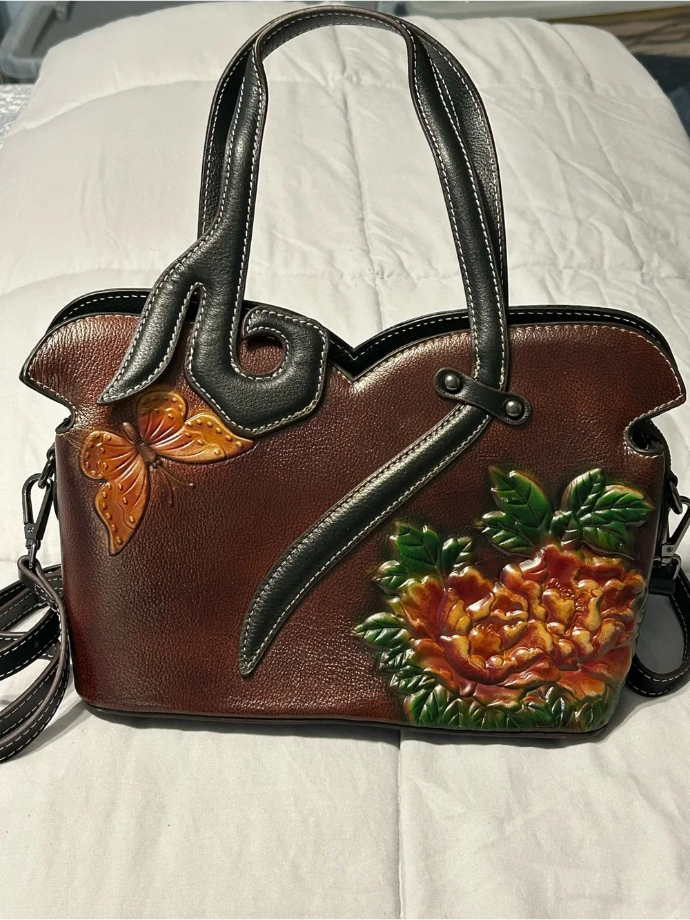 Brown Floral Embossed Leather Tote Bag - Handcrafted Detail